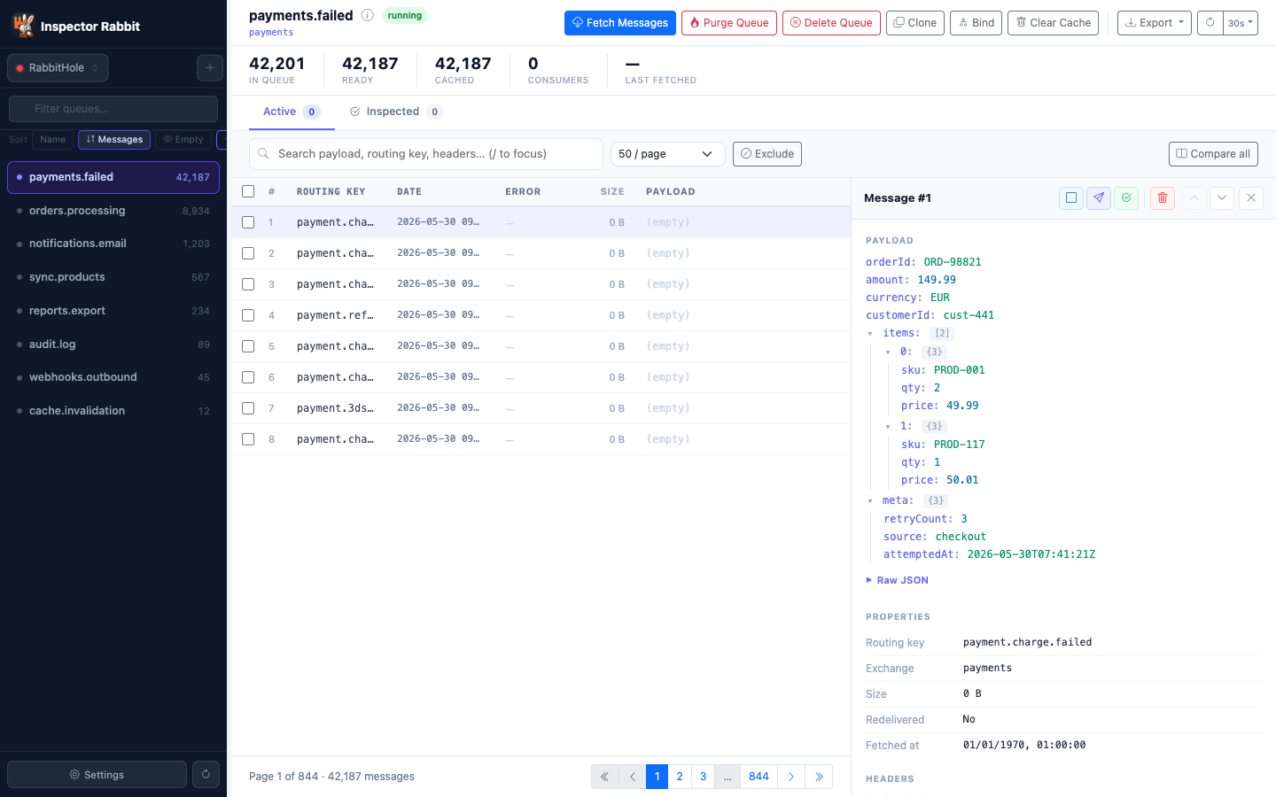 Inspector Rabbit app — payments.failed queue with 42,187 messages loaded, payload tree open, routing key filter active