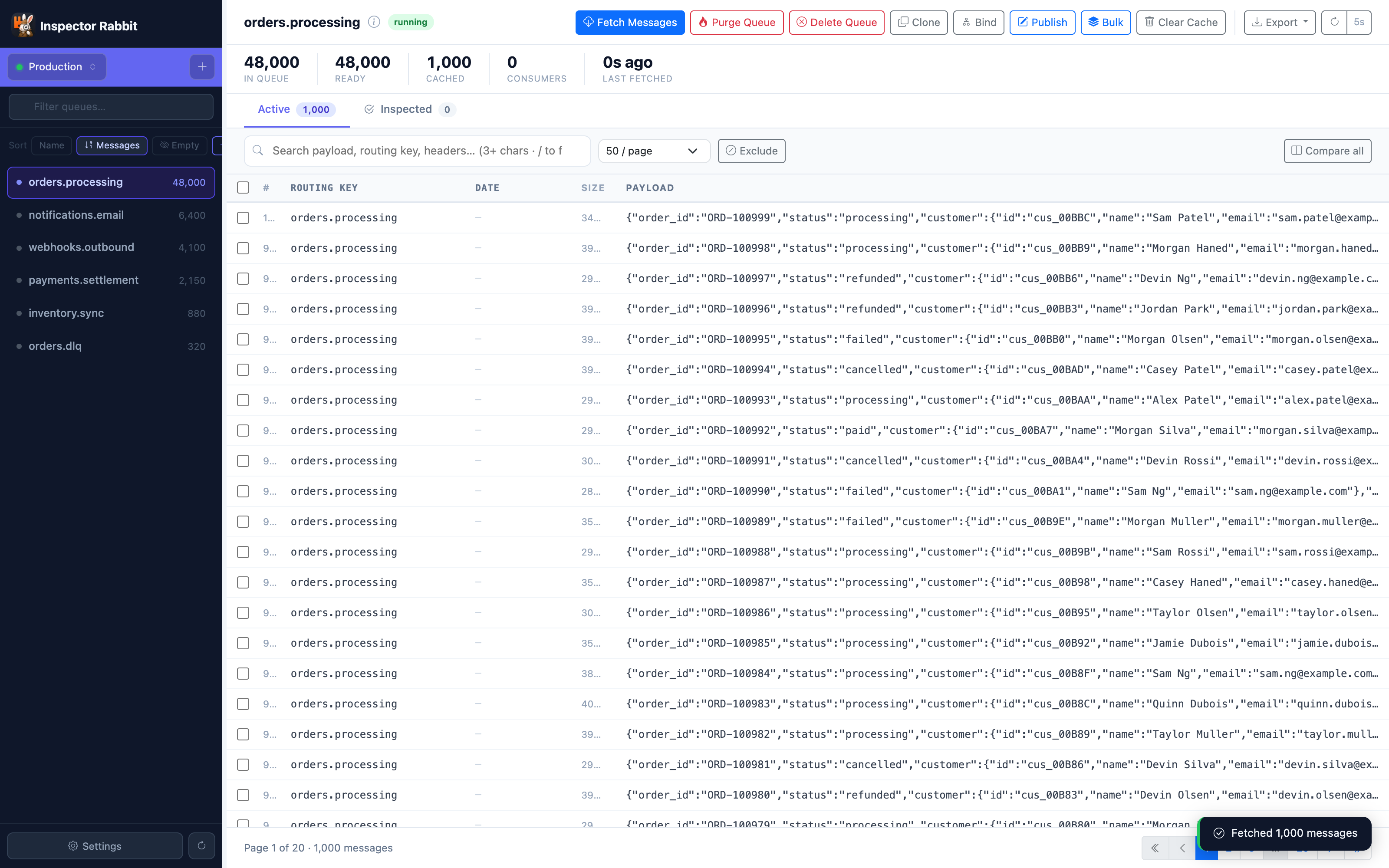 Inspector Rabbit app — orders.processing queue with 48,000 messages loaded, payload list open