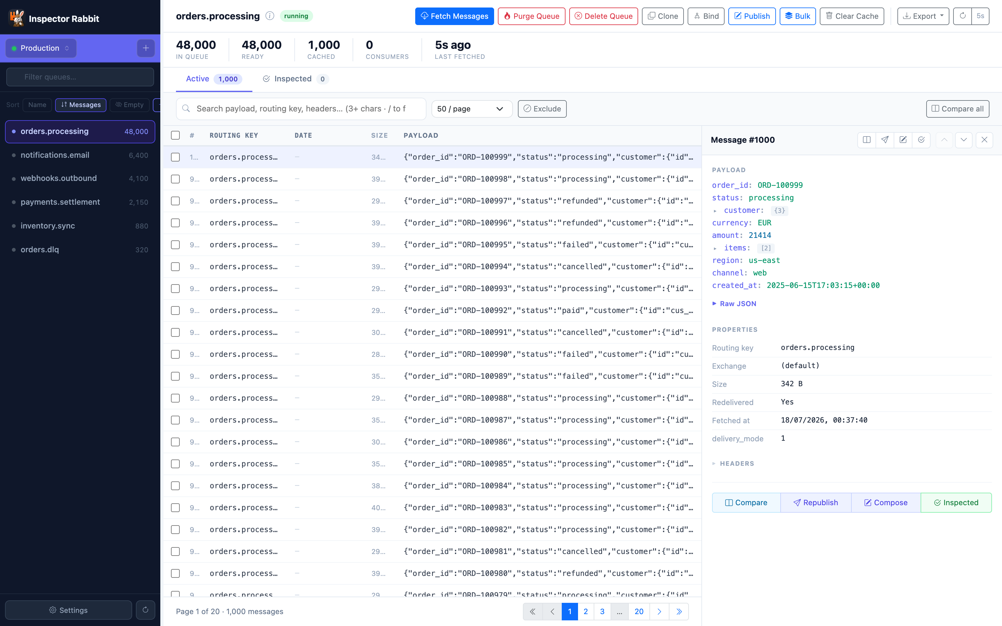 Message inspector with a pretty-printed JSON payload, properties and headers