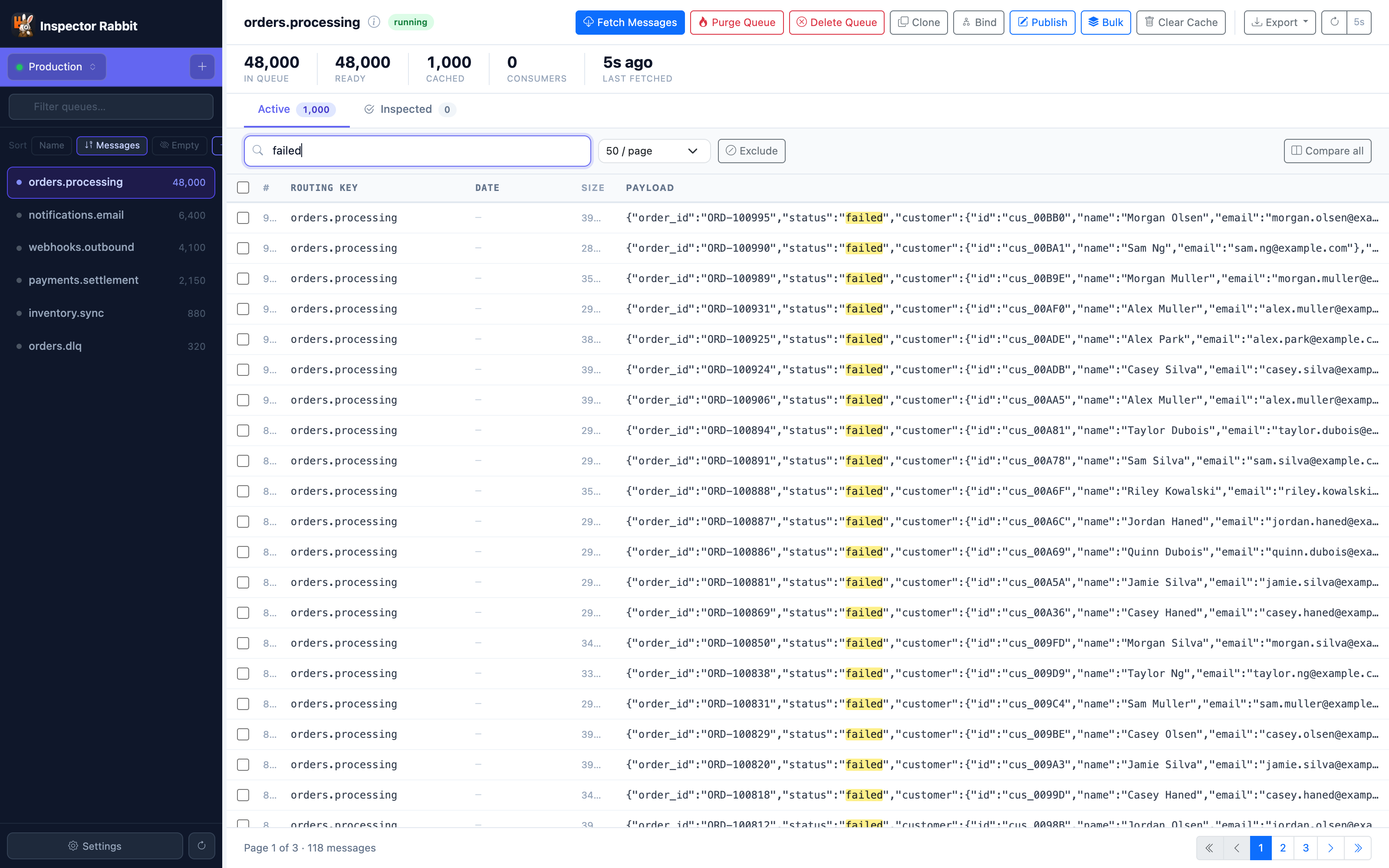 Full-text search across the queue filtering to failed orders with live highlighting